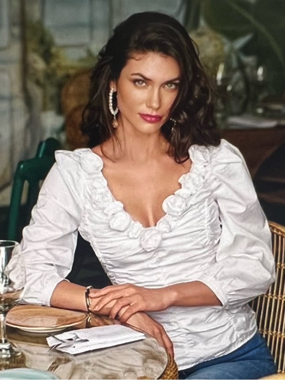 Boston Proper one-of-a-kind Crisp Poplin White Blouse. Rosette Trim V Neckline.